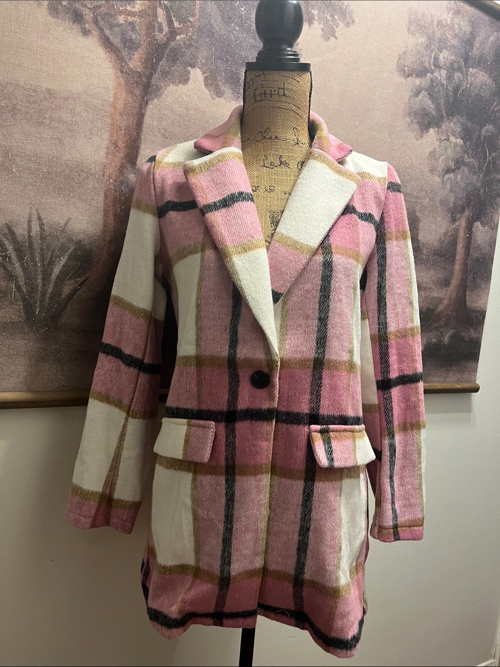 SHEIN Pink Plaid Single-Button Blazer Jacket